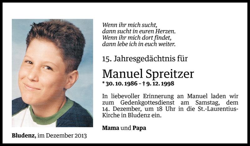  Todesanzeige für Manuel Spreitzer vom 11.12.2013 aus Vorarlberger Nachrichten