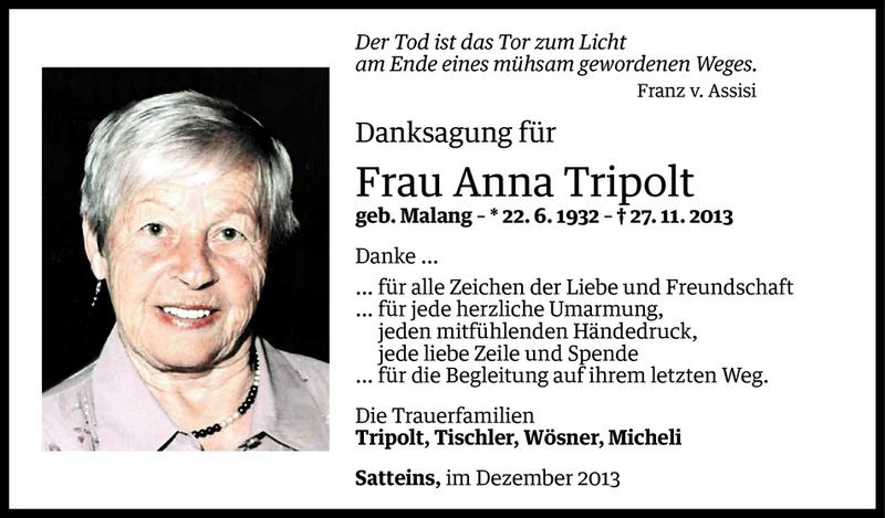  Todesanzeige für Anna Tripolt vom 13.12.2013 aus Vorarlberger Nachrichten