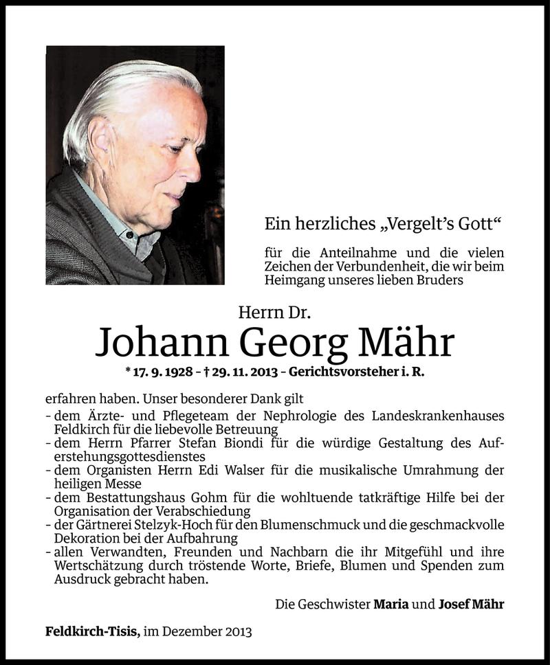  Todesanzeige für Johann Georg Mähr vom 13.12.2013 aus Vorarlberger Nachrichten