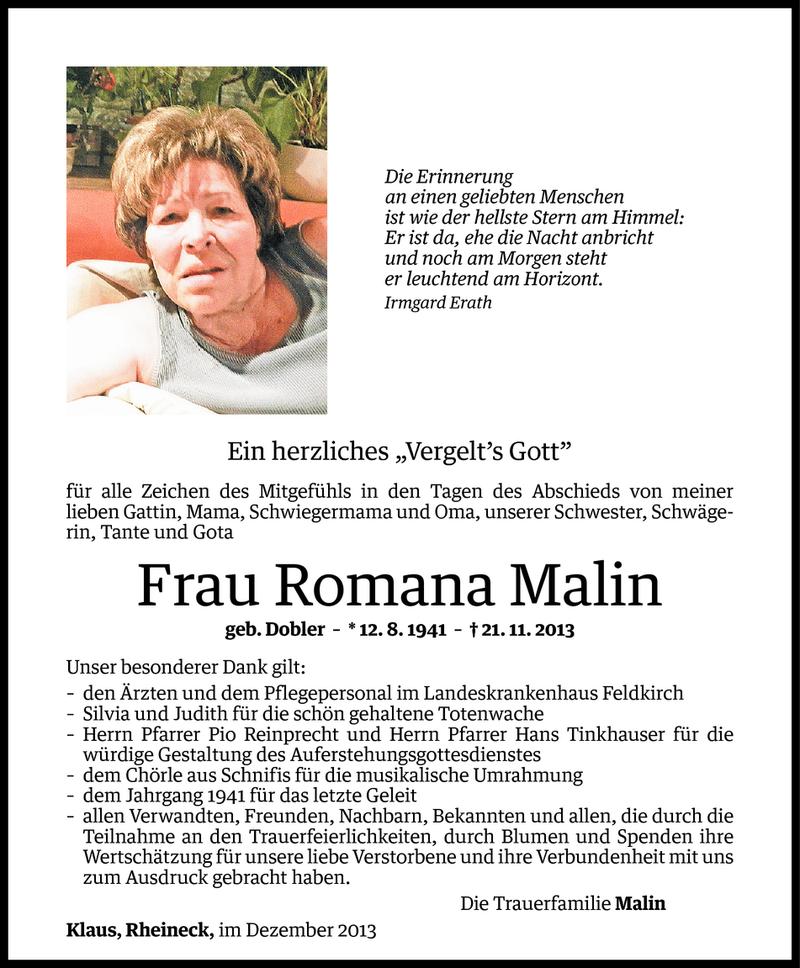  Todesanzeige für Romana Malin vom 13.12.2013 aus Vorarlberger Nachrichten