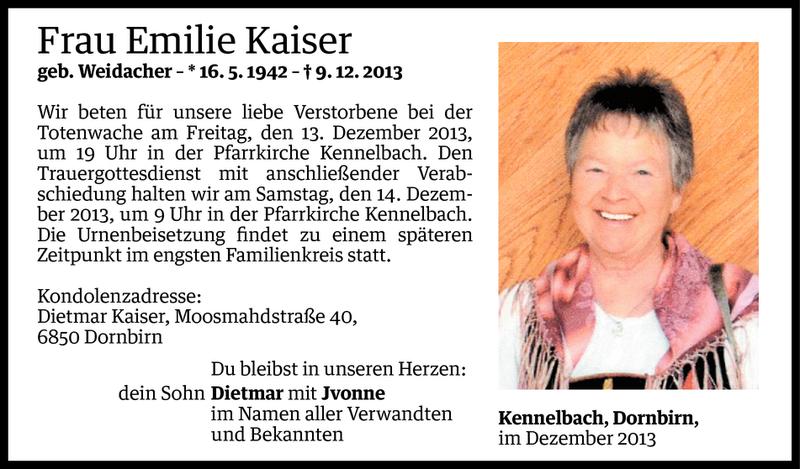  Todesanzeige für Emilie Kaiser vom 11.12.2013 aus Vorarlberger Nachrichten