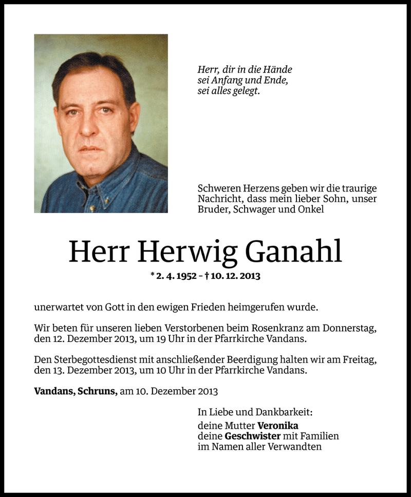  Todesanzeige für Herwig Ganahl vom 11.12.2013 aus Vorarlberger Nachrichten