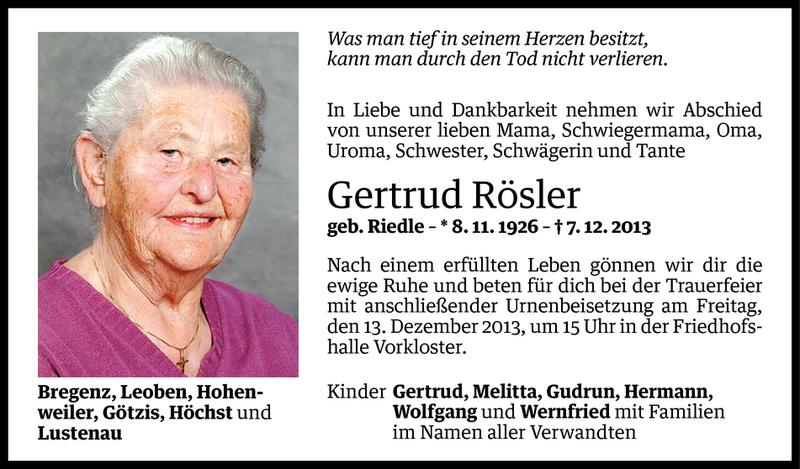  Todesanzeige für Gertrud Rösler vom 11.12.2013 aus Vorarlberger Nachrichten