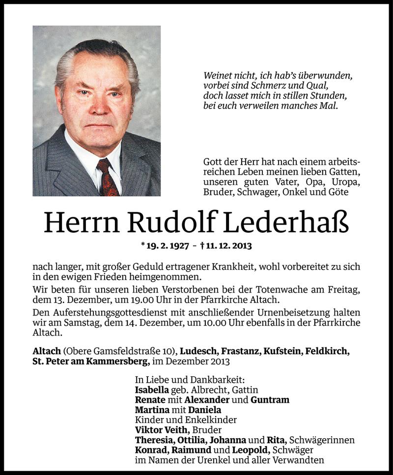  Todesanzeige für Rudolf Lederhaß vom 12.12.2013 aus Vorarlberger Nachrichten