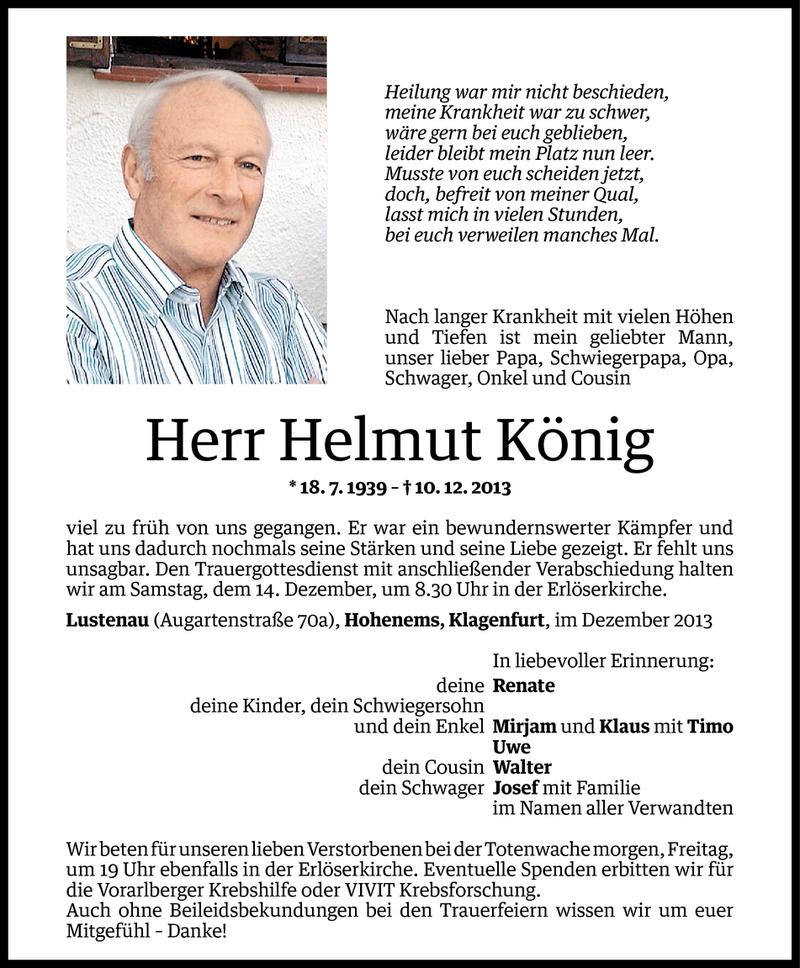  Todesanzeige für Helmut König vom 11.12.2013 aus Vorarlberger Nachrichten