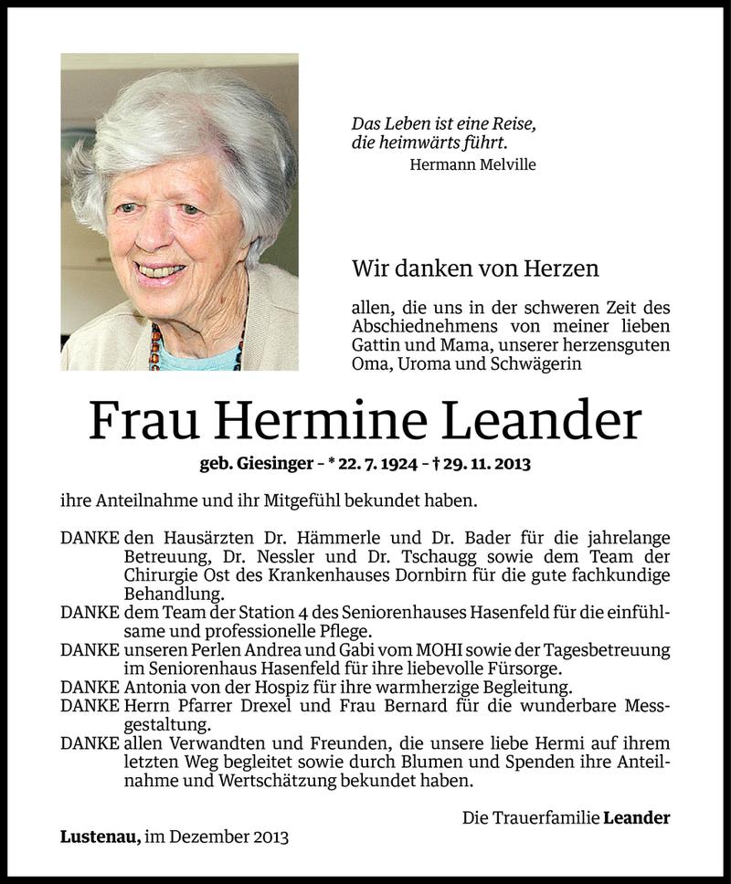  Todesanzeige für Hermine Leander vom 12.12.2013 aus Vorarlberger Nachrichten