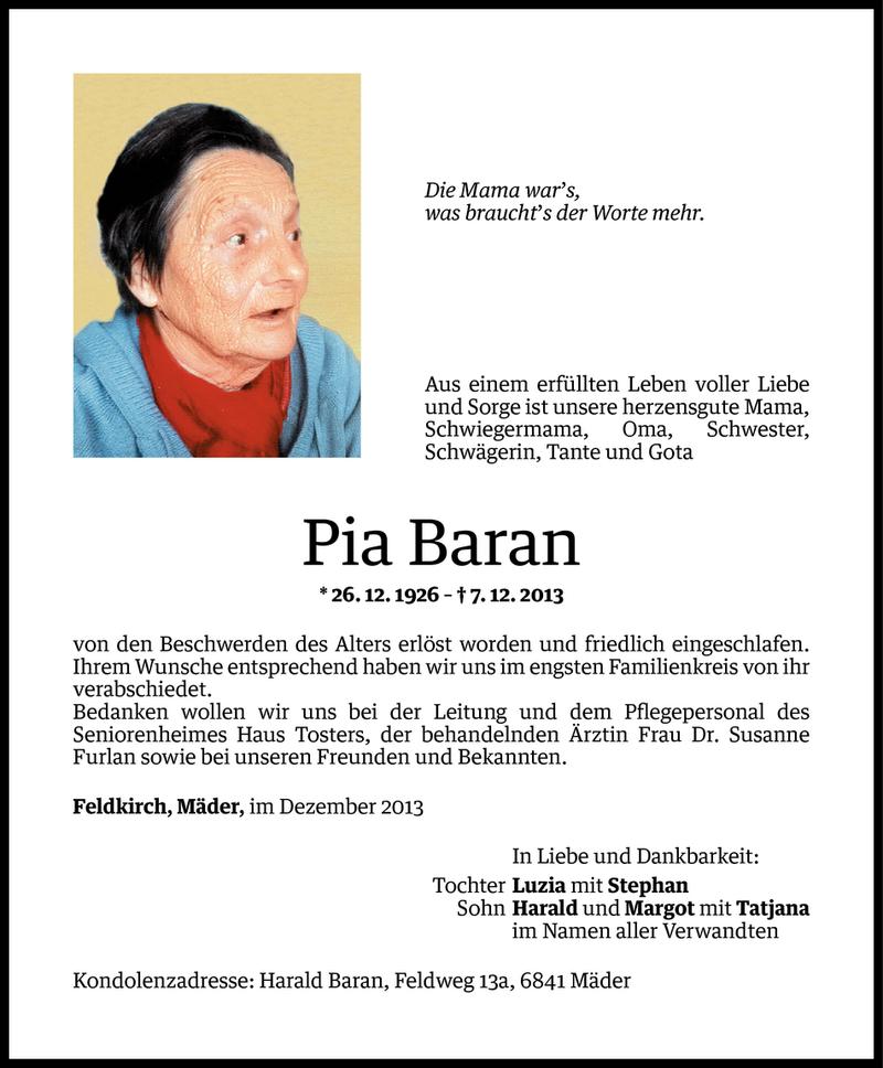  Todesanzeige für Pia Baran vom 12.12.2013 aus Vorarlberger Nachrichten
