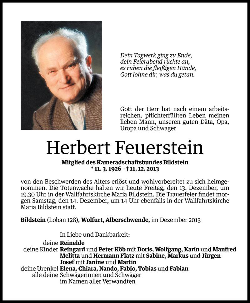  Todesanzeige für Herbert Feuerstein vom 12.12.2013 aus Vorarlberger Nachrichten