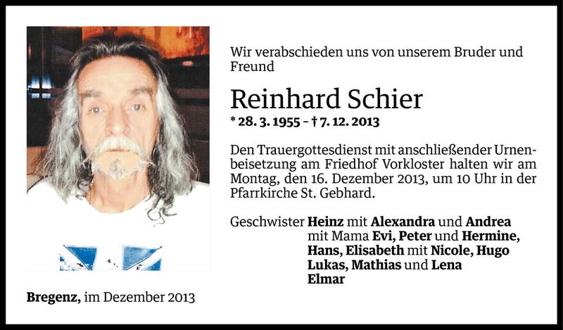  Todesanzeige für Reinhard Schier vom 13.12.2013 aus Vorarlberger Nachrichten