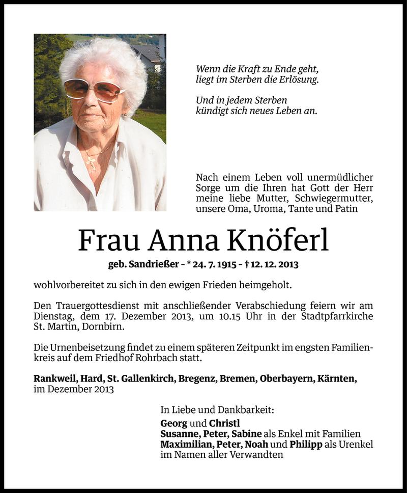  Todesanzeige für Anna Knöferl vom 13.12.2013 aus Vorarlberger Nachrichten