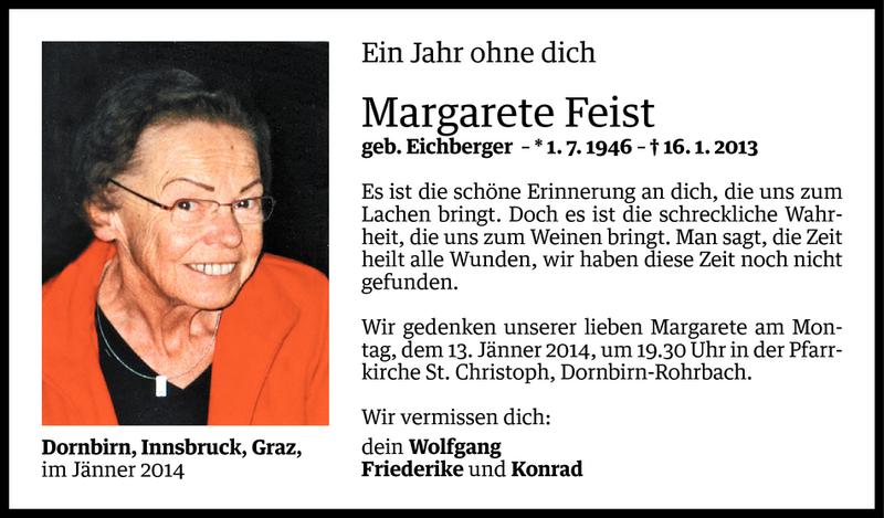  Todesanzeige für Margarete Feist vom 11.01.2014 aus Vorarlberger Nachrichten