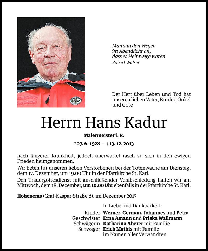  Todesanzeige für Hans Kadur vom 16.12.2013 aus Vorarlberger Nachrichten