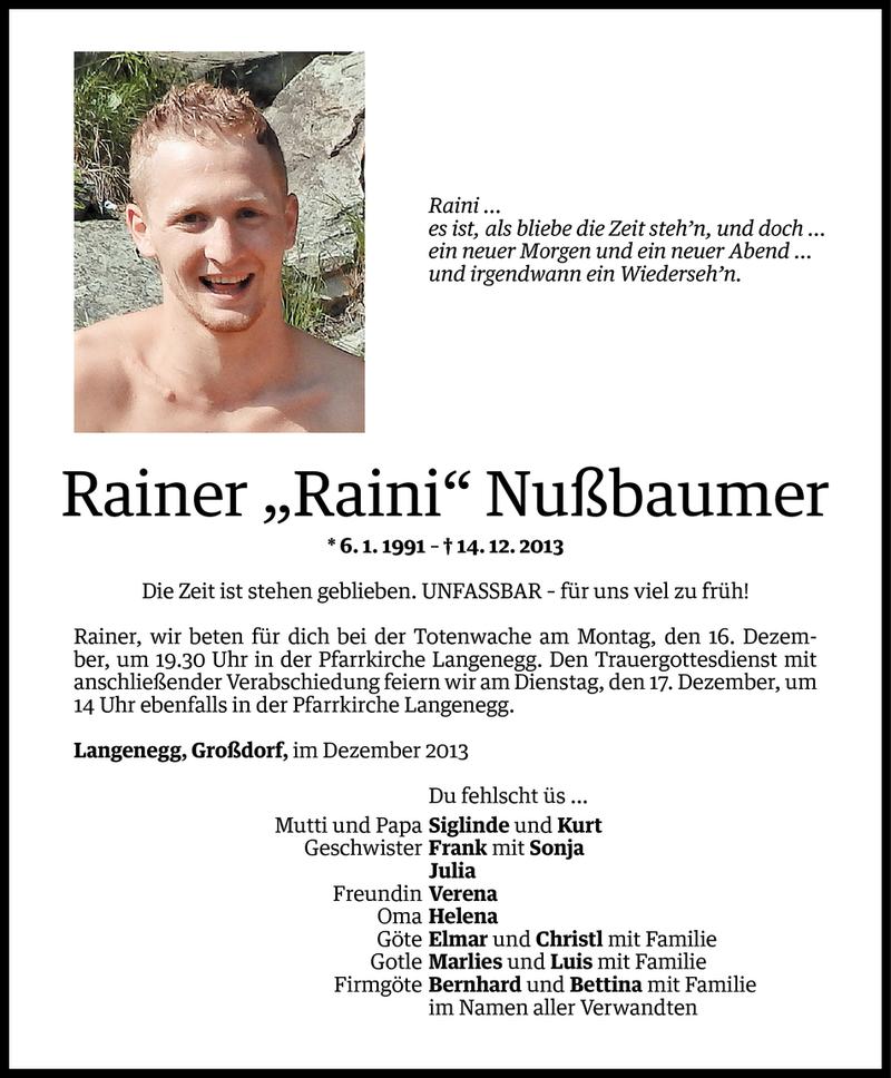  Todesanzeige für Rainer Nußbaumer vom 15.12.2013 aus Vorarlberger Nachrichten