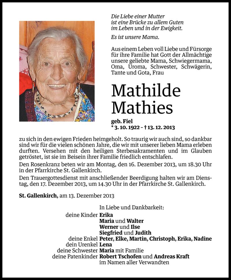  Todesanzeige für Mathilde Mathies vom 15.12.2013 aus Vorarlberger Nachrichten