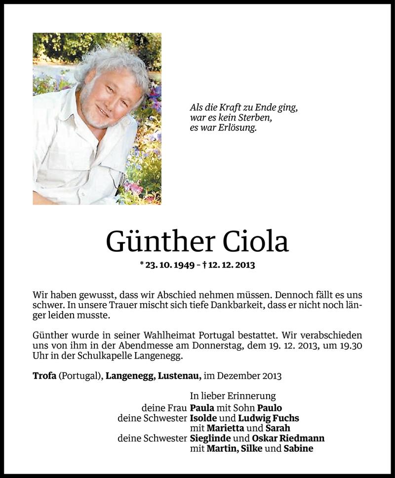  Todesanzeige für Günther Ciola vom 15.12.2013 aus Vorarlberger Nachrichten