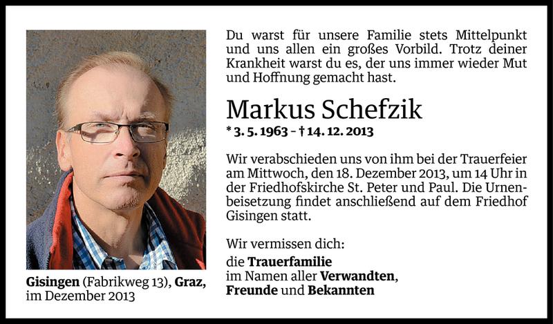  Todesanzeige für Markus Schefzik vom 16.12.2013 aus Vorarlberger Nachrichten