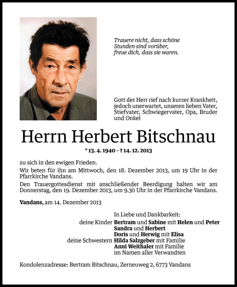  Todesanzeige für Herbert Bitschnau vom 16.12.2013 aus Vorarlberger Nachrichten