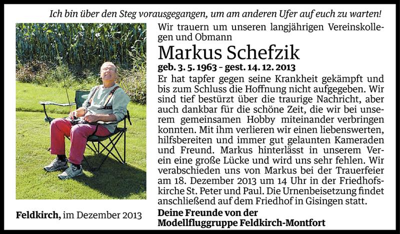  Todesanzeige für Markus Schefzik vom 16.12.2013 aus Vorarlberger Nachrichten