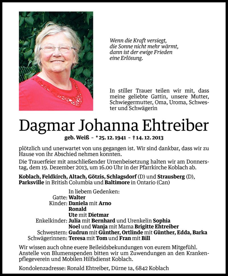  Todesanzeige für Dagmar Johanna Ehtreiber vom 17.12.2013 aus Vorarlberger Nachrichten