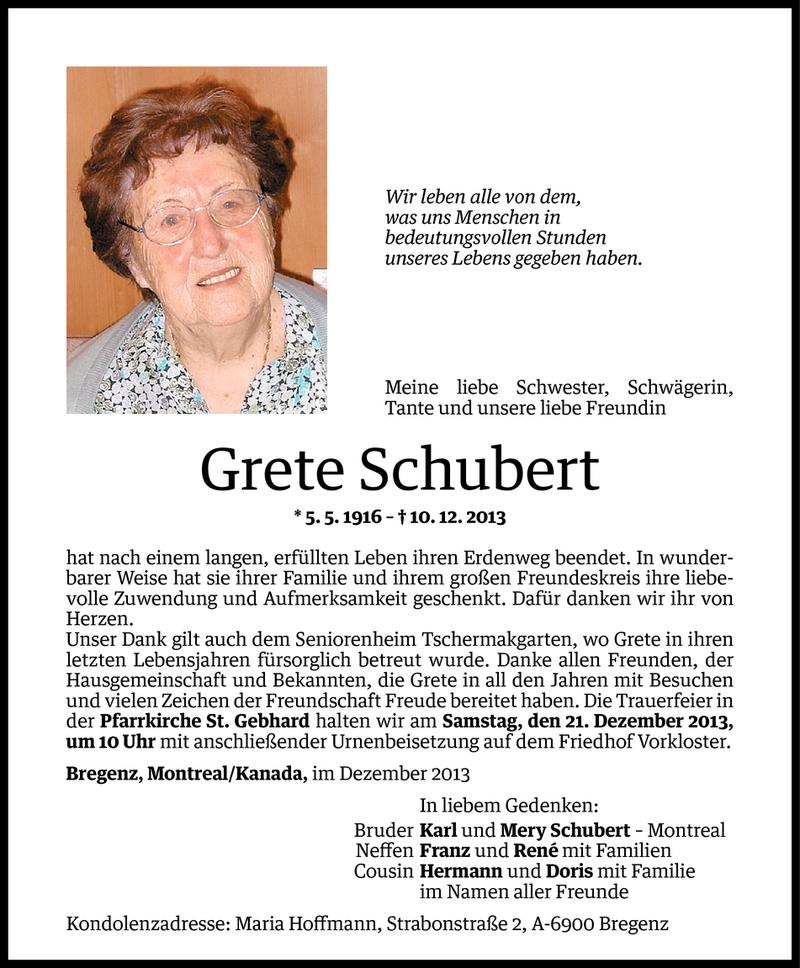  Todesanzeige für Grete Schubert vom 17.12.2013 aus Vorarlberger Nachrichten