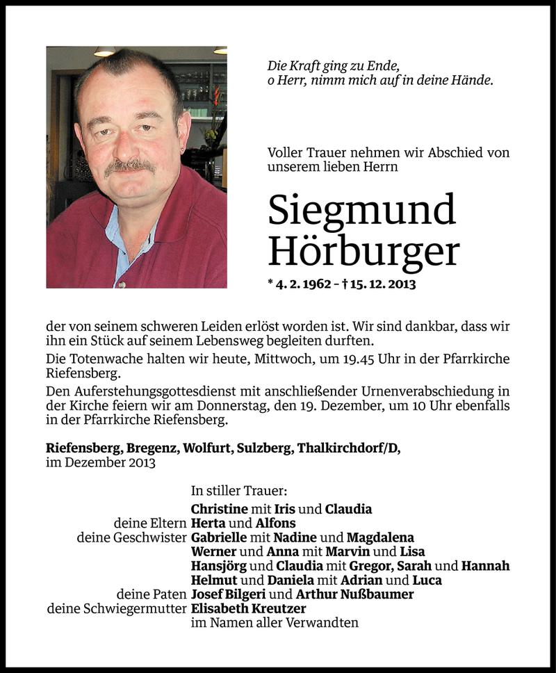  Todesanzeige für Siegmund Hörburger vom 17.12.2013 aus Vorarlberger Nachrichten