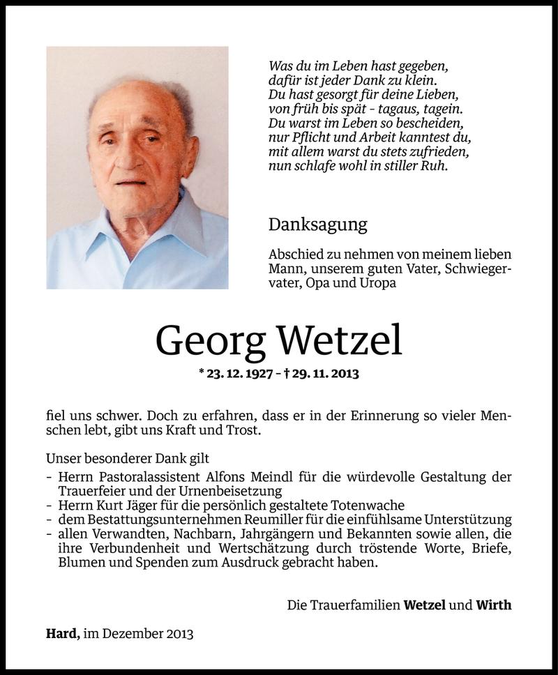  Todesanzeige für Georg Wetzel vom 17.12.2013 aus Vorarlberger Nachrichten