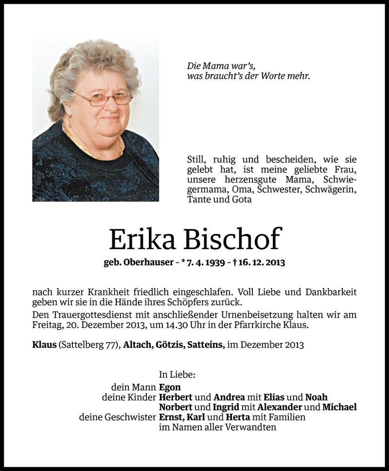  Todesanzeige für Erika Bischof vom 17.12.2013 aus Vorarlberger Nachrichten