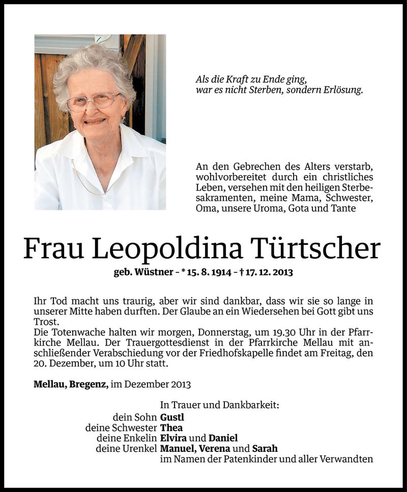  Todesanzeige für Leopoldina Türtscher vom 17.12.2013 aus Vorarlberger Nachrichten