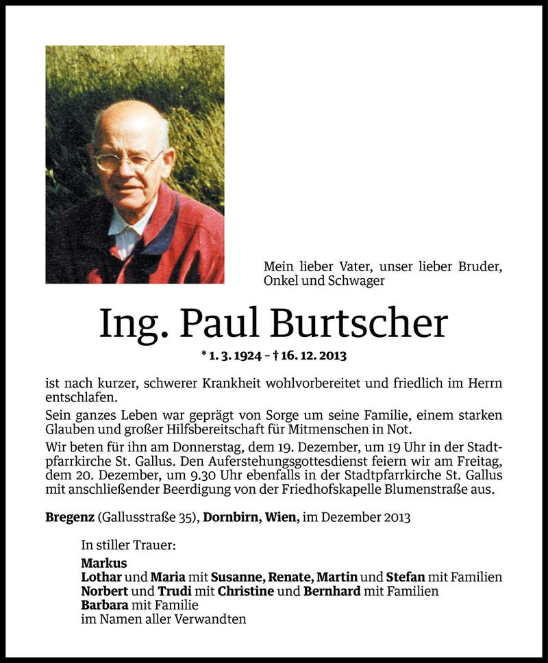  Todesanzeige für Paul Burtscher vom 17.12.2013 aus Vorarlberger Nachrichten