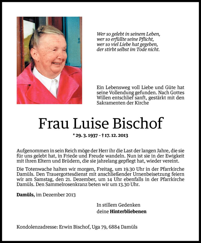  Todesanzeige für Luise Bischof vom 18.12.2013 aus Vorarlberger Nachrichten