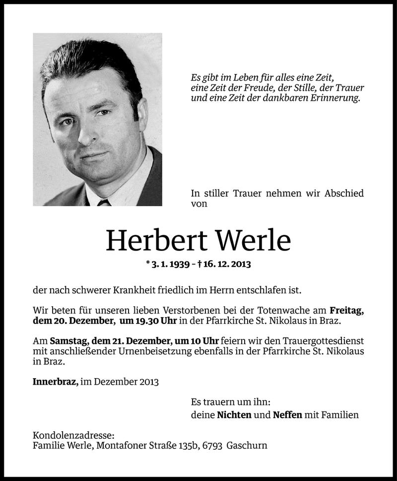  Todesanzeige für Herbert Werle vom 19.12.2013 aus Vorarlberger Nachrichten