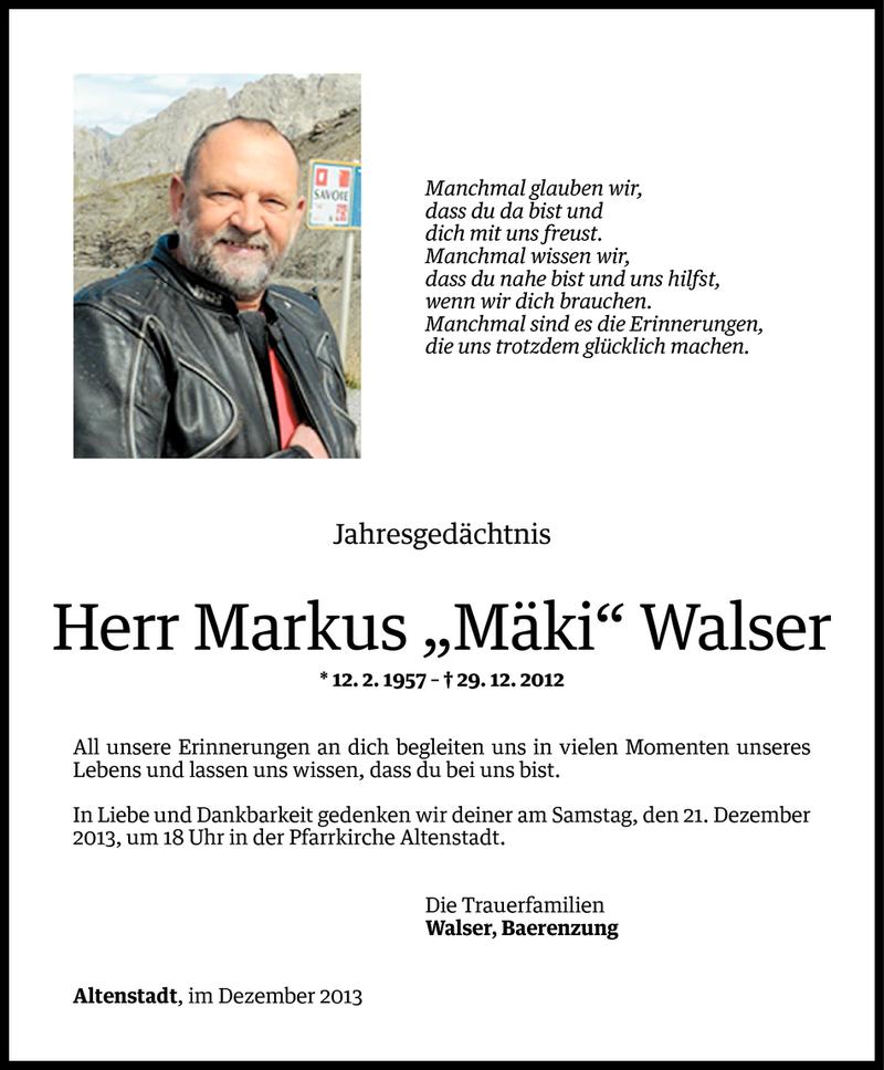  Todesanzeige für Markus Walser vom 18.12.2013 aus Vorarlberger Nachrichten