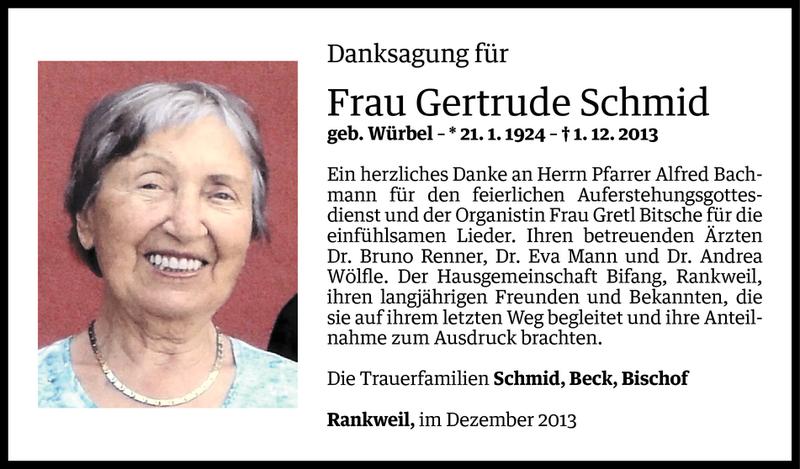  Todesanzeige für Gertrude Schmid vom 19.12.2013 aus Vorarlberger Nachrichten