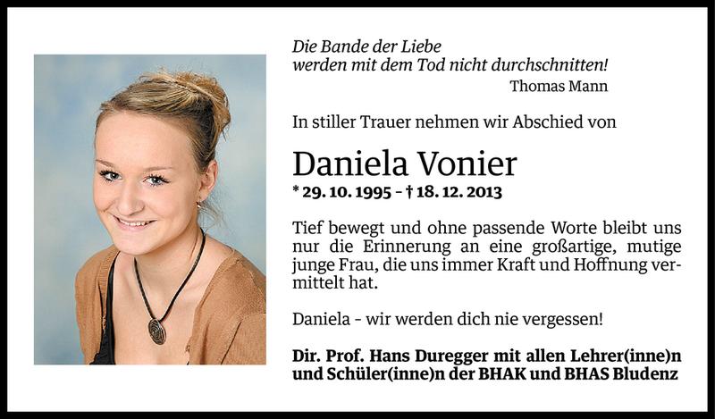  Todesanzeige für Daniela Vonier vom 19.12.2013 aus Vorarlberger Nachrichten