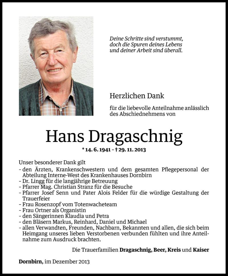  Todesanzeige für Hans Dragschnig vom 20.12.2013 aus Vorarlberger Nachrichten