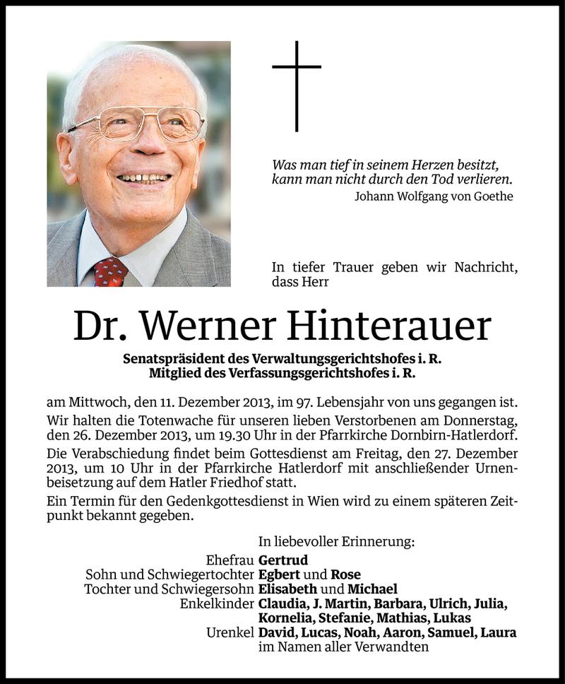  Todesanzeige für Werner Hinterauer vom 20.12.2013 aus Vorarlberger Nachrichten