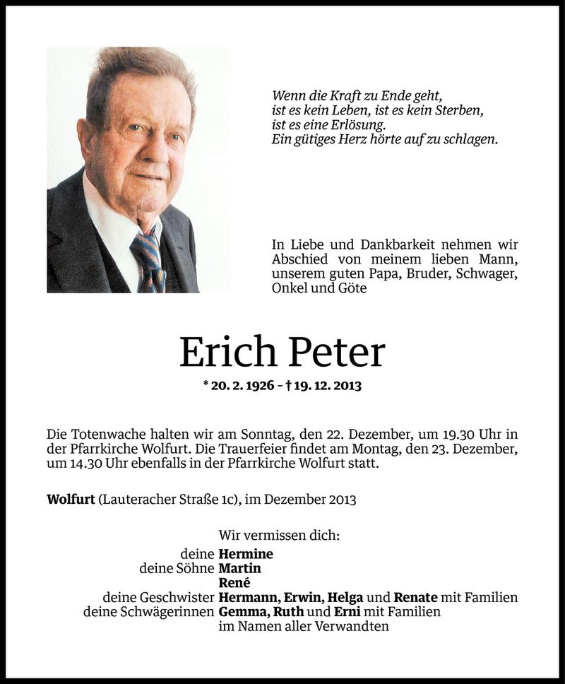  Todesanzeige für Erich Peter vom 20.12.2013 aus Vorarlberger Nachrichten