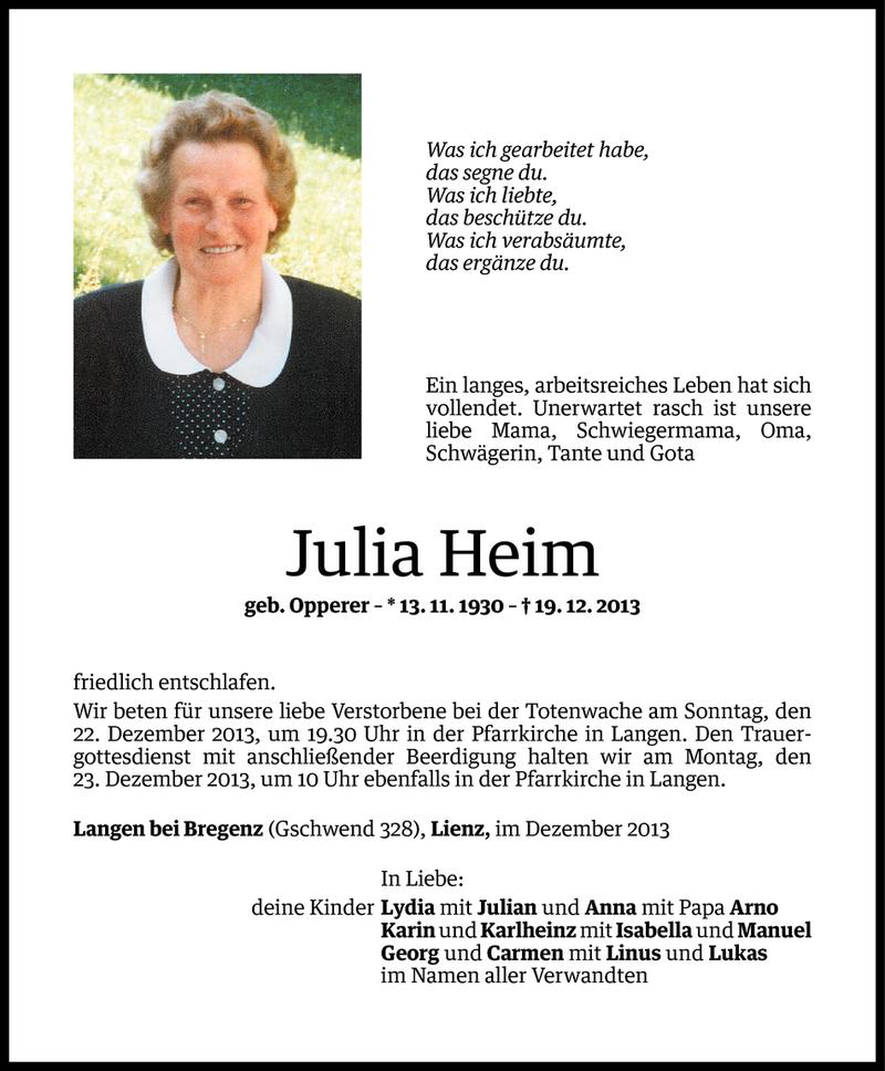  Todesanzeige für Julia Heim vom 20.12.2013 aus Vorarlberger Nachrichten