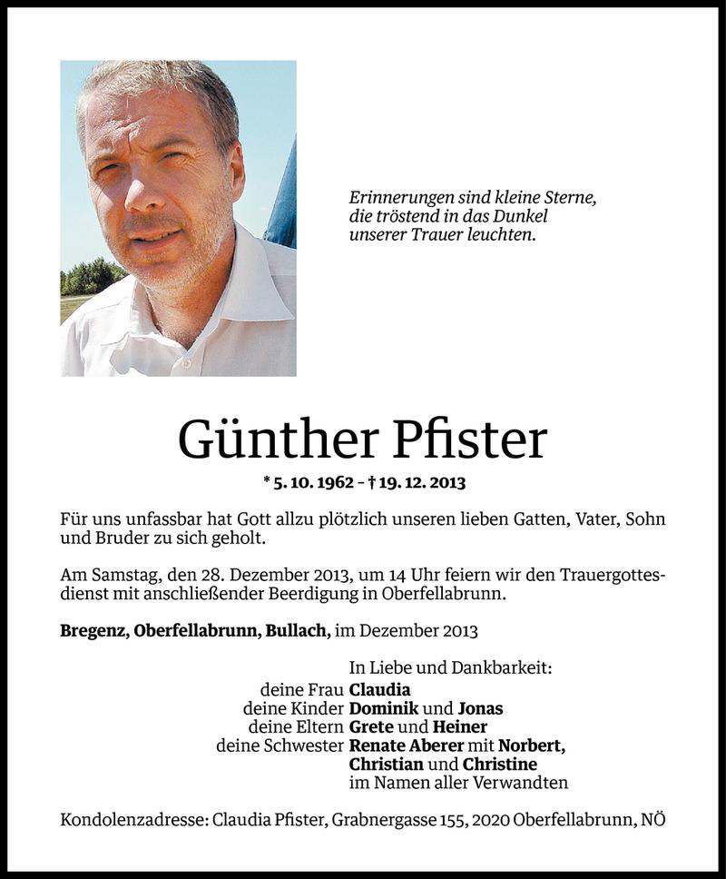  Todesanzeige für Günther Pfister vom 22.12.2013 aus Vorarlberger Nachrichten