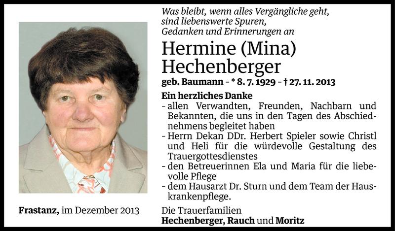  Todesanzeige für Hermine Hechenberger vom 22.12.2013 aus Vorarlberger Nachrichten