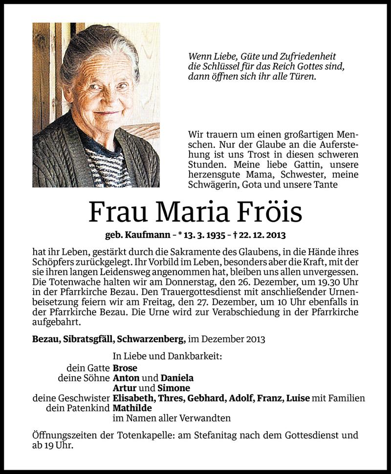  Todesanzeige für Maria Fröis vom 23.12.2013 aus Vorarlberger Nachrichten