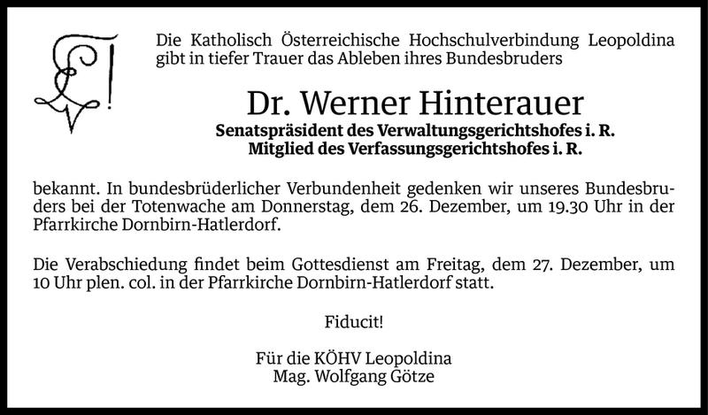  Todesanzeige für Werner Hinterauer vom 23.12.2013 aus Vorarlberger Nachrichten