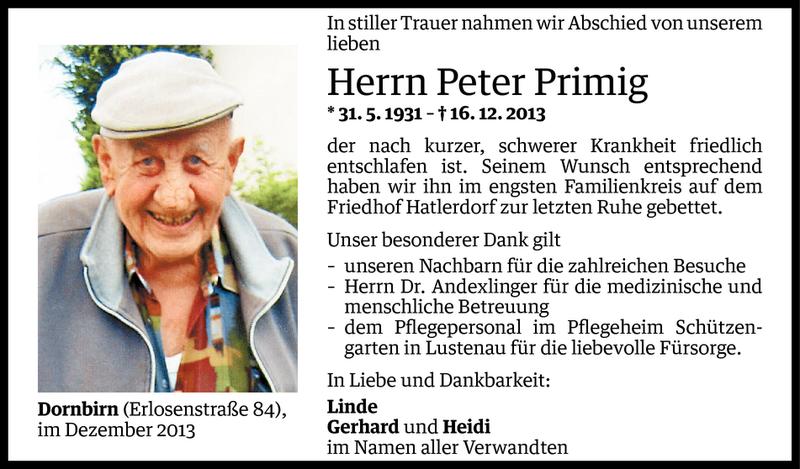  Todesanzeige für Peter Primig vom 28.12.2013 aus Vorarlberger Nachrichten