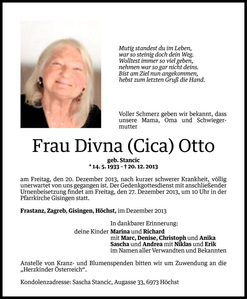  Todesanzeige für Divna Otto vom 23.12.2013 aus Vorarlberger Nachrichten