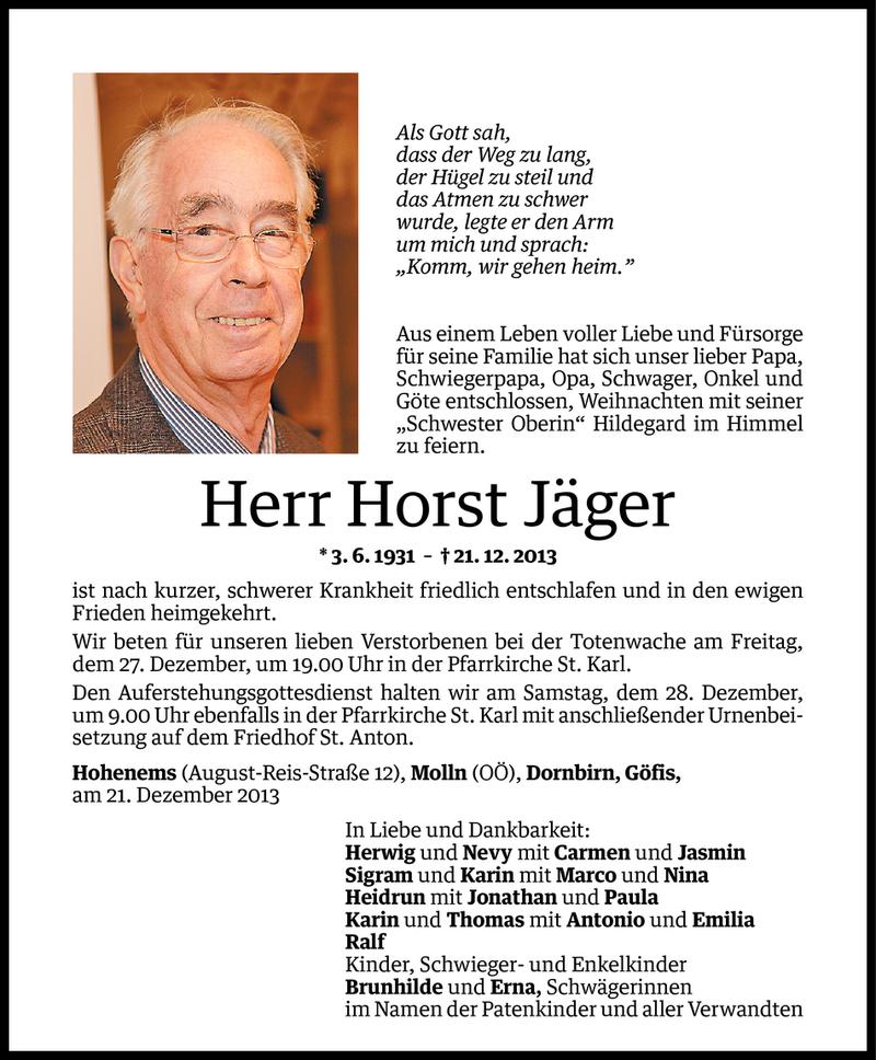  Todesanzeige für Horst Jäger vom 24.12.2013 aus Vorarlberger Nachrichten