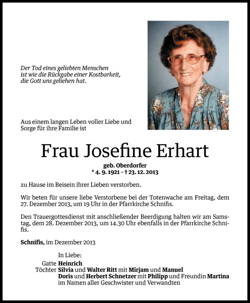  Todesanzeige für Josefine Erhart vom 23.12.2013 aus Vorarlberger Nachrichten