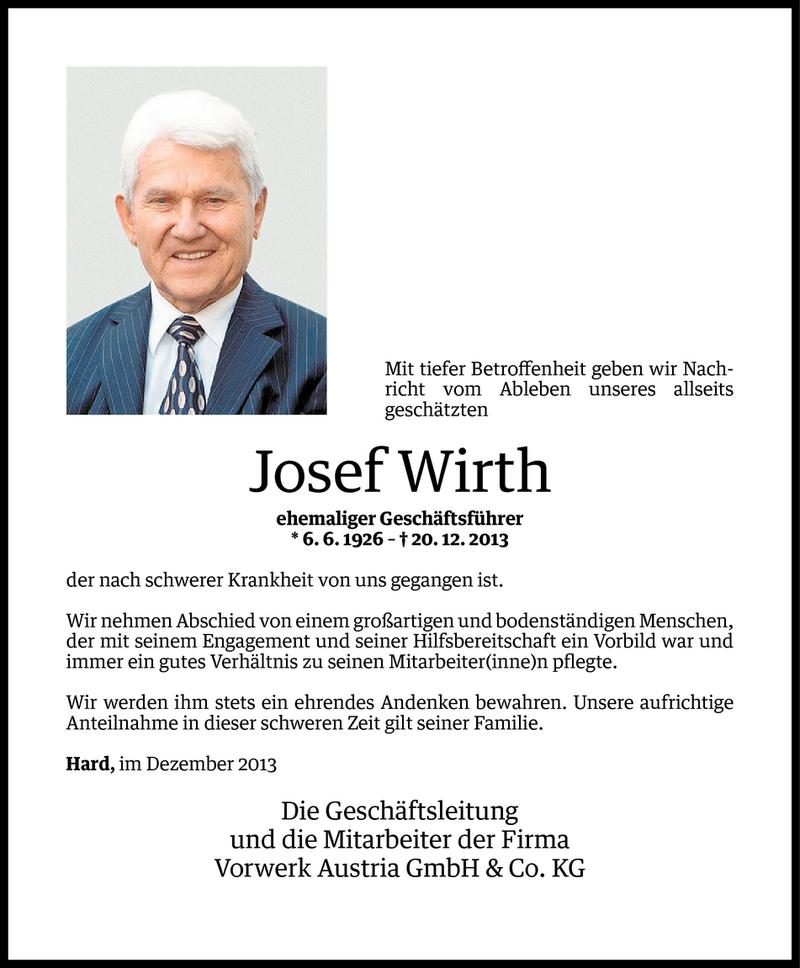  Todesanzeige für Josef Wirth vom 24.12.2013 aus Vorarlberger Nachrichten