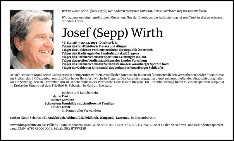  Todesanzeige für Josef Wirth vom 23.12.2013 aus Vorarlberger Nachrichten