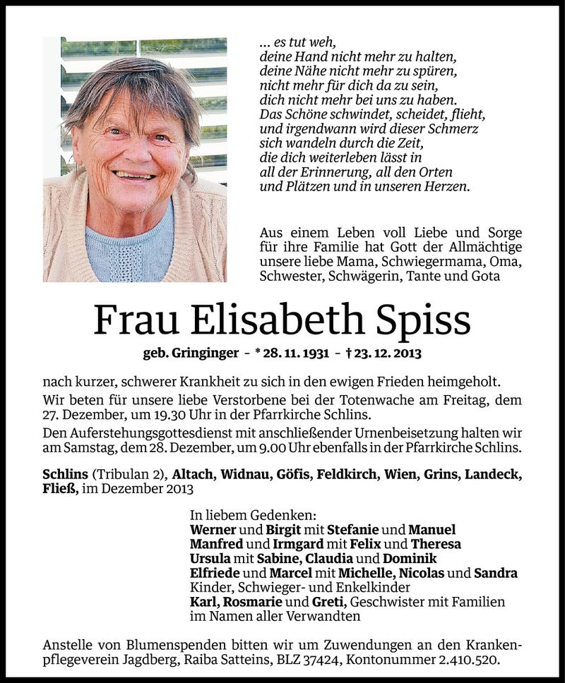  Todesanzeige für Elisabeth Spiss vom 24.12.2013 aus Vorarlberger Nachrichten