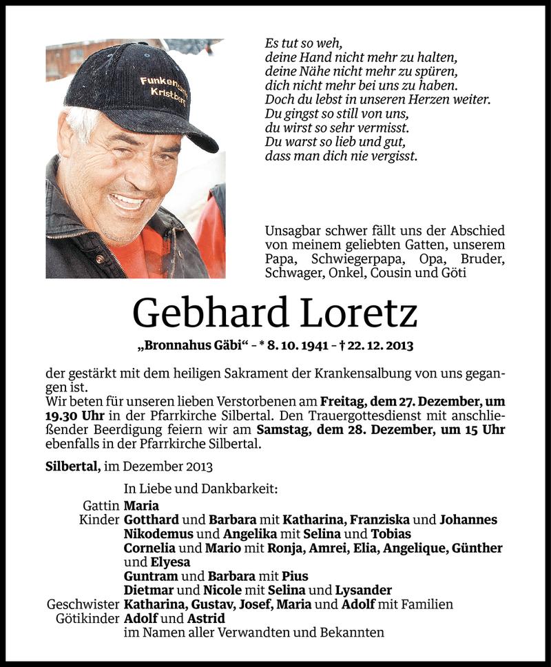  Todesanzeige für Gebhard Loretz vom 27.12.2013 aus Vorarlberger Nachrichten